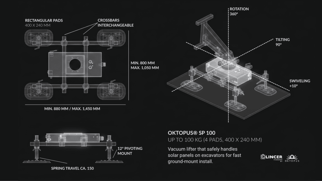OKTOPUS® SP 100 Vacuum lifter that safely handles solar panels on excavators for fast ground-mount install.